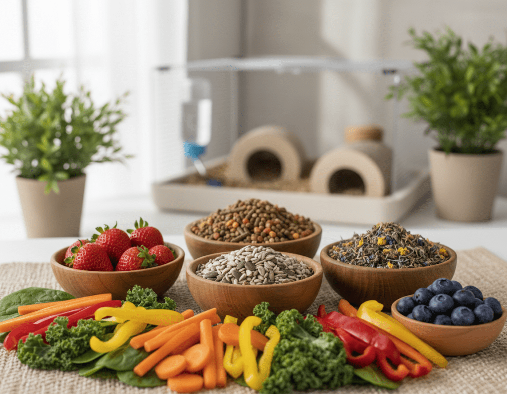 A beautifully arranged tabletop filled with vibrant, healthy foods suitable for small pets. In the foreground, colorful vegetables like carrots, bell peppers, and leafy greens are meticulously displayed alongside small bowls of fresh fruits such as strawberries and blueberries. In the middle ground, a variety of small pet food options, like pellets and seeds, are presented in charming, rustic containers. The background features a soft-focus small animal habitat with gentle natural lighting filtering through, creating a warm, inviting atmosphere. A hint of greenery from nearby plants enhances the overall freshness. The scene evokes a sense of care and attention to the dietary needs of small pets, ideal for illustrating responsible pet ownership.