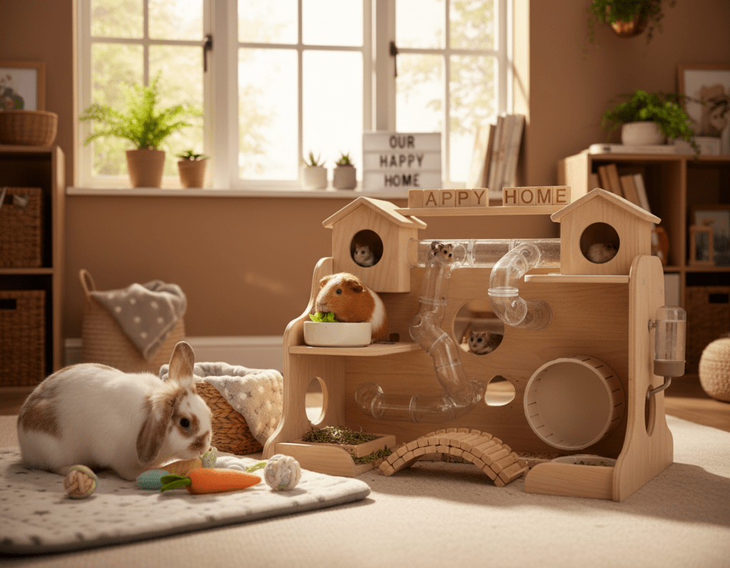 A cozy indoor scene depicting small animals like rabbits, guinea pigs, and hamsters in a well-organized living space. In the foreground, a rabbit explores a plush, decorated area filled with colorful toys and a clean bedding setup. The middle layer features a neatly arranged habitat with little houses, feeding stations, and interactive play elements, illustrating a structured environment. In the background, a large window lets in warm, natural light, enhancing the cheerful atmosphere. Soft shadows and highlights from the sunlight create a welcoming and calm mood. The space should feel nurturing and orderly, reflecting the importance of routine in caring for small pets.