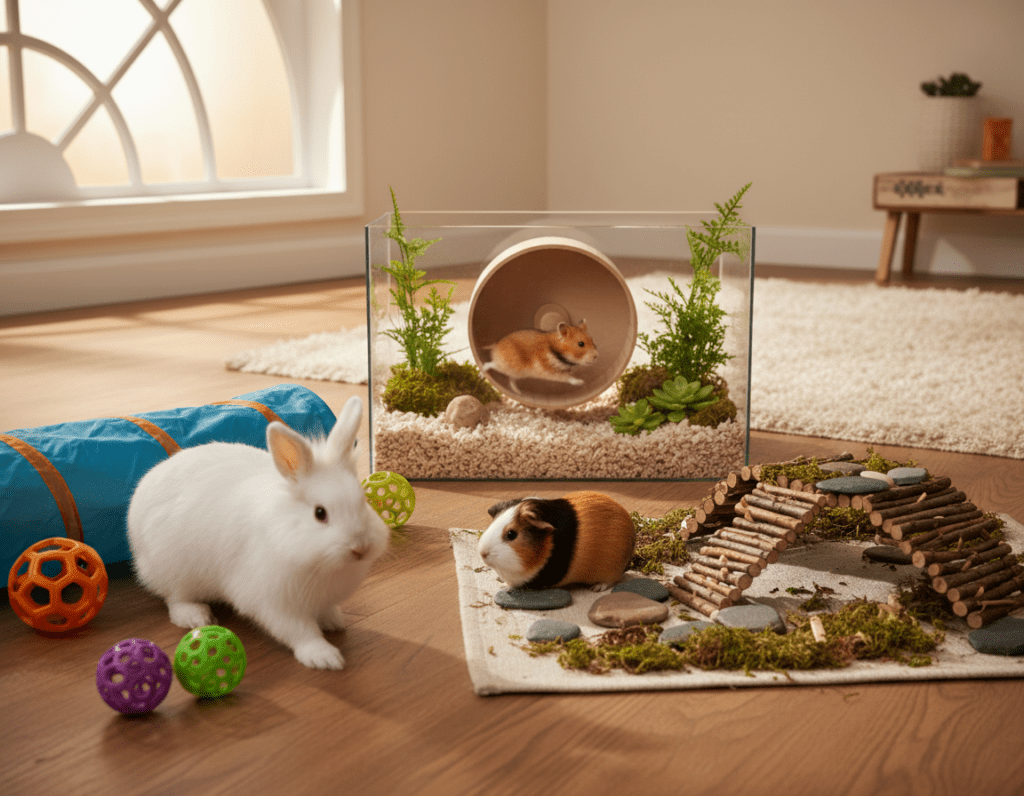 A cozy indoor setting featuring a variety of small animals engaging in playful activities. In the foreground, a fluffy rabbit hops around colorful toys like tunnels and balls, while a curious guinea pig explores a mini obstacle course made from natural materials. In the middle, a serene hamster runs on a wheel surrounded by lush greenery and soft bedding. The background showcases a warm, sunny room with sunlight streaming through a window, casting gentle shadows. The atmosphere is lively yet calm, inviting a sense of joy and contentment. The lighting is soft, highlighting the textures of the animals' fur and the vibrant colors of the play items, creating an enchanting and engaging scene that captures the essence of enrichment for small pets.