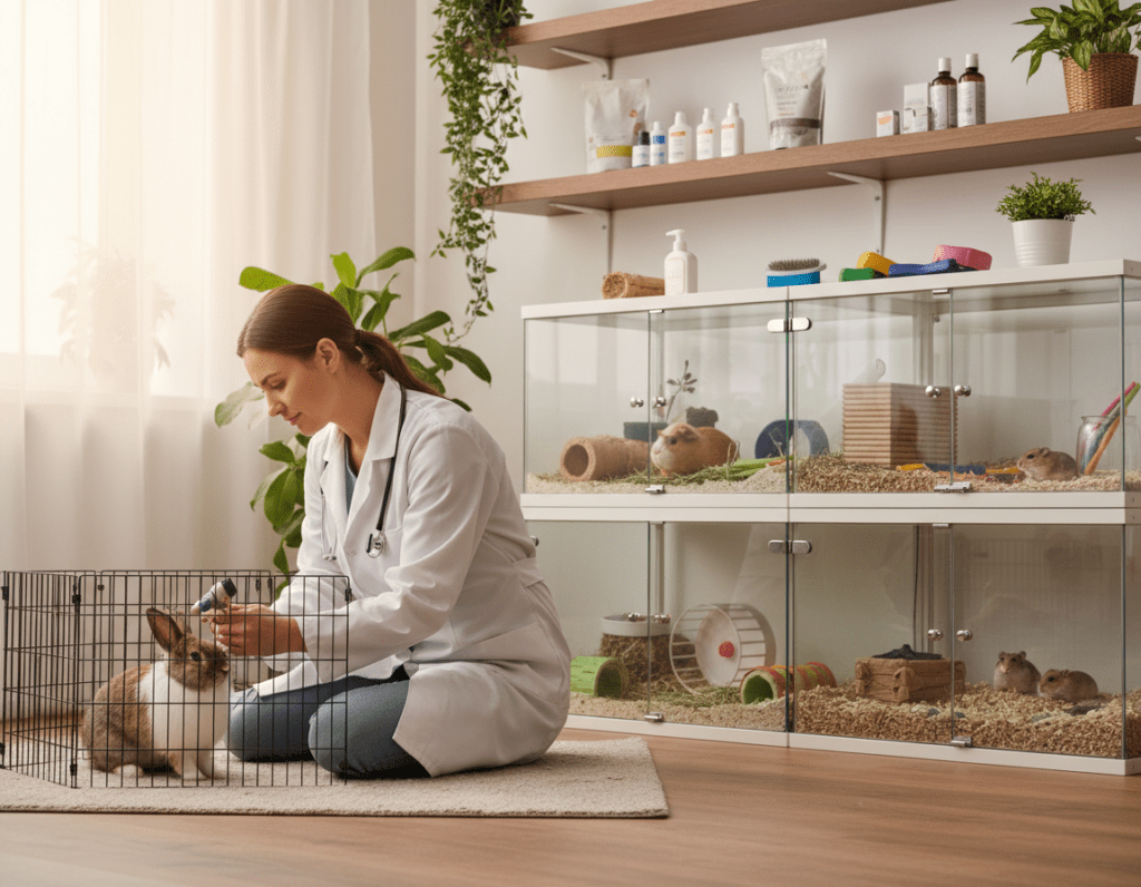A practical veterinarian troubleshooting common issues in small animal care, depicted in a cozy and well-organized home environment. In the foreground, the veterinarian, wearing a professional white coat, kneels beside a small animal enclosure, examining a curious rabbit. In the middle ground, a variety of small pets, like guinea pigs and hamsters, are housed in clean, spacious cages, showcasing their playful antics. The background features shelves filled with pet care supplies, plants for a fresh and vibrant atmosphere, and a soft light filtering through a window, creating a warm and inviting mood. The scene emphasizes approachability and expertise, with a focus on problem-solving and nurturing small animals.
