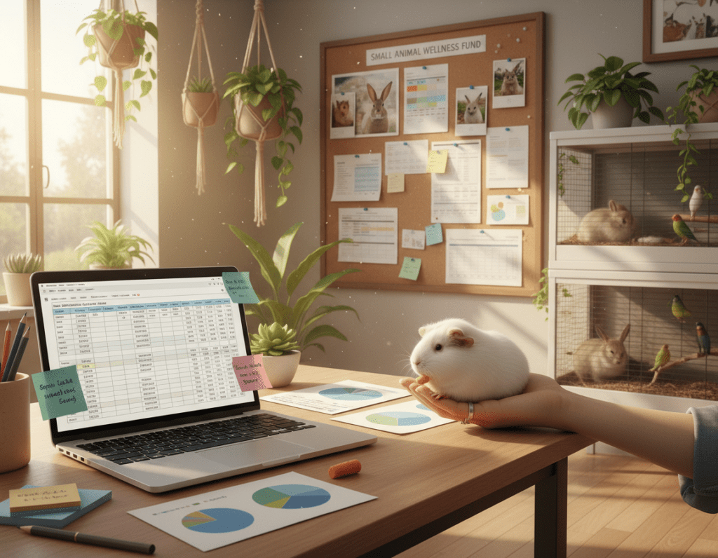 A serene and organized workspace dedicated to small animal financial planning. In the foreground, a neat desk displays a laptop open to a spreadsheet, colorful charts, and notes about pet care costs, with a caring hand holding a small pet like a rabbit or a guinea pig. In the middle, a corkboard showcases pinned photos of various small animals alongside budget plans and expenses. The background features a softly-lit room with plants and animal enclosures, creating a cozy yet professional atmosphere. Natural light streams in through a window, casting gentle shadows, while the scene conveys a mood of clarity and responsibility in pet management.