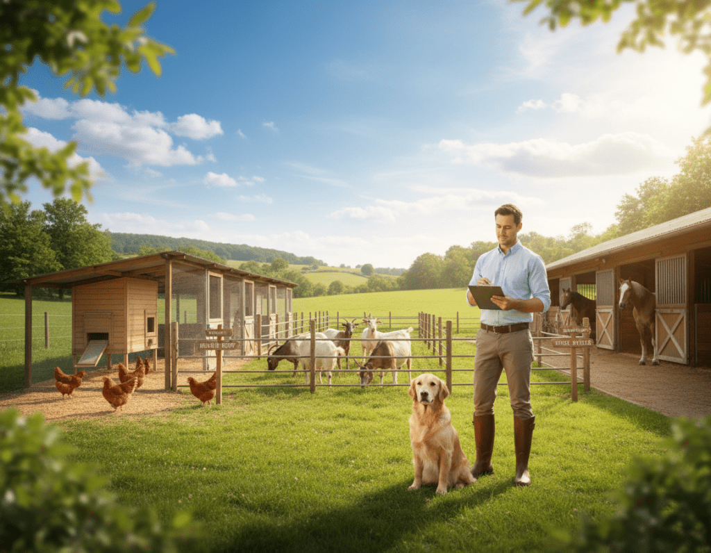 A serene farm scene depicting effective time management in animal care. In the foreground, a farmer in professional attire checks a clipboard, ensuring the schedule is adhered to, with a contented dog by their side. The middle layer showcases a variety of well-organized animal enclosures, with chickens pecking, goats grazing, and horses in their stables, each area clearly marked and tidy. The background features rolling hills under a bright blue sky, bathed in warm, natural light, creating a harmonious atmosphere. A gentle breeze hints at peaceful efficiency, with trees swaying slightly. The scene captures the balance of routine, care, and organization necessary for effective animal husbandry.