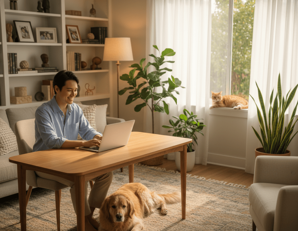 A serene home office setting showcasing a harmonious work-life balance with pets. In the foreground, a person in smart casual attire is sitting at a stylish wooden desk, smiling and working on a laptop, while a playful dog rests at their feet. The middle layer features a cozy living room with soft lighting, including potted plants and family photos on the walls. In the background, a cat lounges comfortably on a window sill, basking in warm sunlight streaming in through sheer curtains. The mood is calm and inviting, highlighting the joy of combining work, family, and pet ownership in a balanced, fulfilling life. The scene is captured with soft focus to enhance warmth and intimacy.