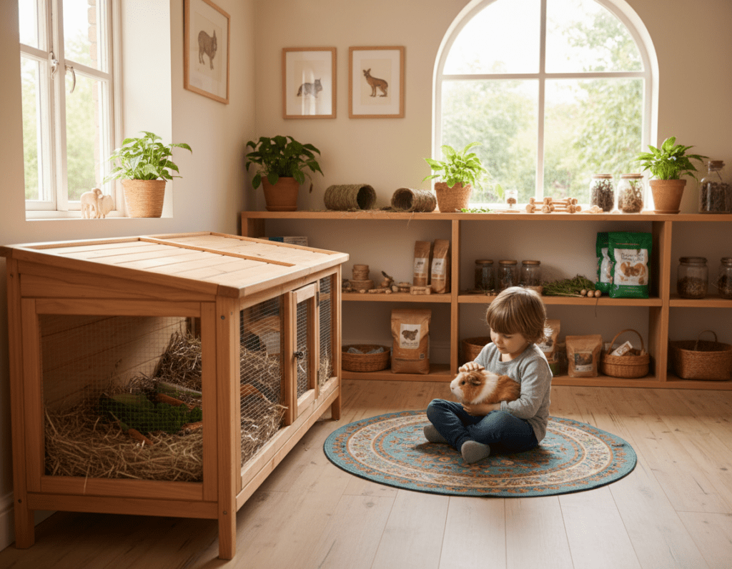 A serene indoor environment dedicated to the proper care of small animals, featuring a cozy setting that highlights natural habitats. In the foreground, a spacious, well-furnished rabbit hutch made of natural wood, filled with soft bedding and fresh vegetables, catches the light. In the middle, a small, attentive child carefully interacts with a guinea pig, sitting on a colorful rug, displaying tenderness and responsibility. In the background, shelves lined with various small animal supplies, such as toys and food, are softly illuminated by warm, natural lighting filtering through a large window. The atmosphere is peaceful and nurturing, conveying a sense of harmony and love for small pets, encouraging responsible pet care and companion relationships.