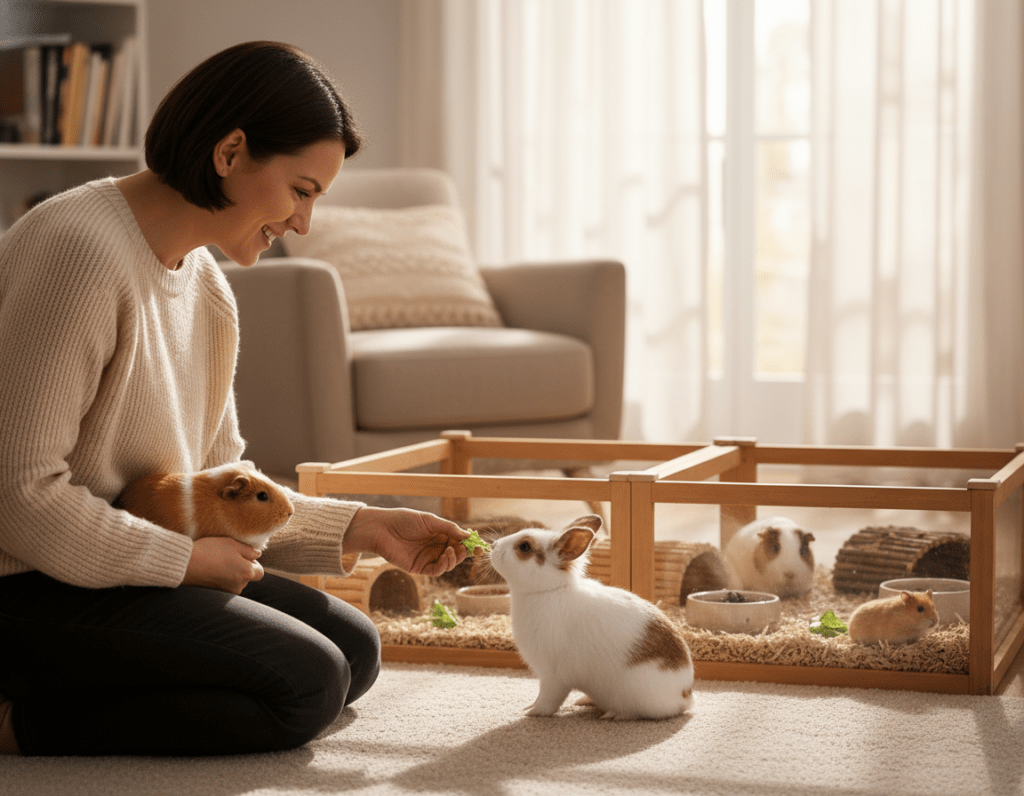A serene indoor setting featuring a person gently interacting with small animals like rabbits, guinea pigs, and hamsters to represent "handling and trust-building." In the foreground, the individual, dressed in casual yet professional attire, is kneeling down to eye level with a curious rabbit, offering a piece of fresh vegetable. In the middle ground, a cozy cage filled with soft bedding and toys creates a nurturing environment. The background is softly blurred, depicting a warm, inviting room with soft natural light filtering through a window, casting gentle shadows. The atmosphere is calm and reassuring, highlighting the stress-free interaction between the human and the animals, with a focus on building trust and comfort.
