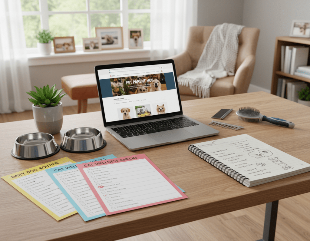 A well-organized workspace dedicated to pet care, featuring a wooden desk with colorful checklists and practical tools for animal care. In the foreground, there are neatly arranged checklists with bullet points detailing essential tasks for pet owners, accompanied by a small potted plant and pet care items like food bowls and grooming supplies. The middle ground shows a laptop open to a pet care website, while a notebook is open, displaying handwritten notes. In the background, a cozy room setting is visible, with warm, natural lighting filtering through a window, creating an inviting atmosphere. The overall mood is productive and nurturing, conveying clarity and organization for everyday pet care.